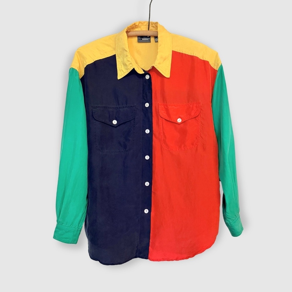 VTG Vintage Lizwear Liz Claiborne Silk Colorblock Shirt Petite S Y2K 90s